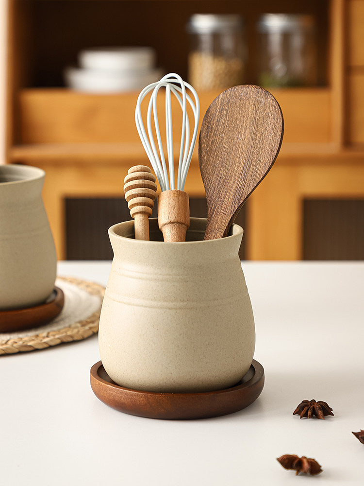 Retro Clay Utensil Holder with Wood Base