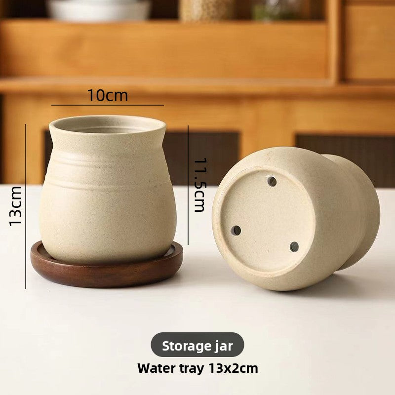 Retro Clay Utensil Holder with Wood Base