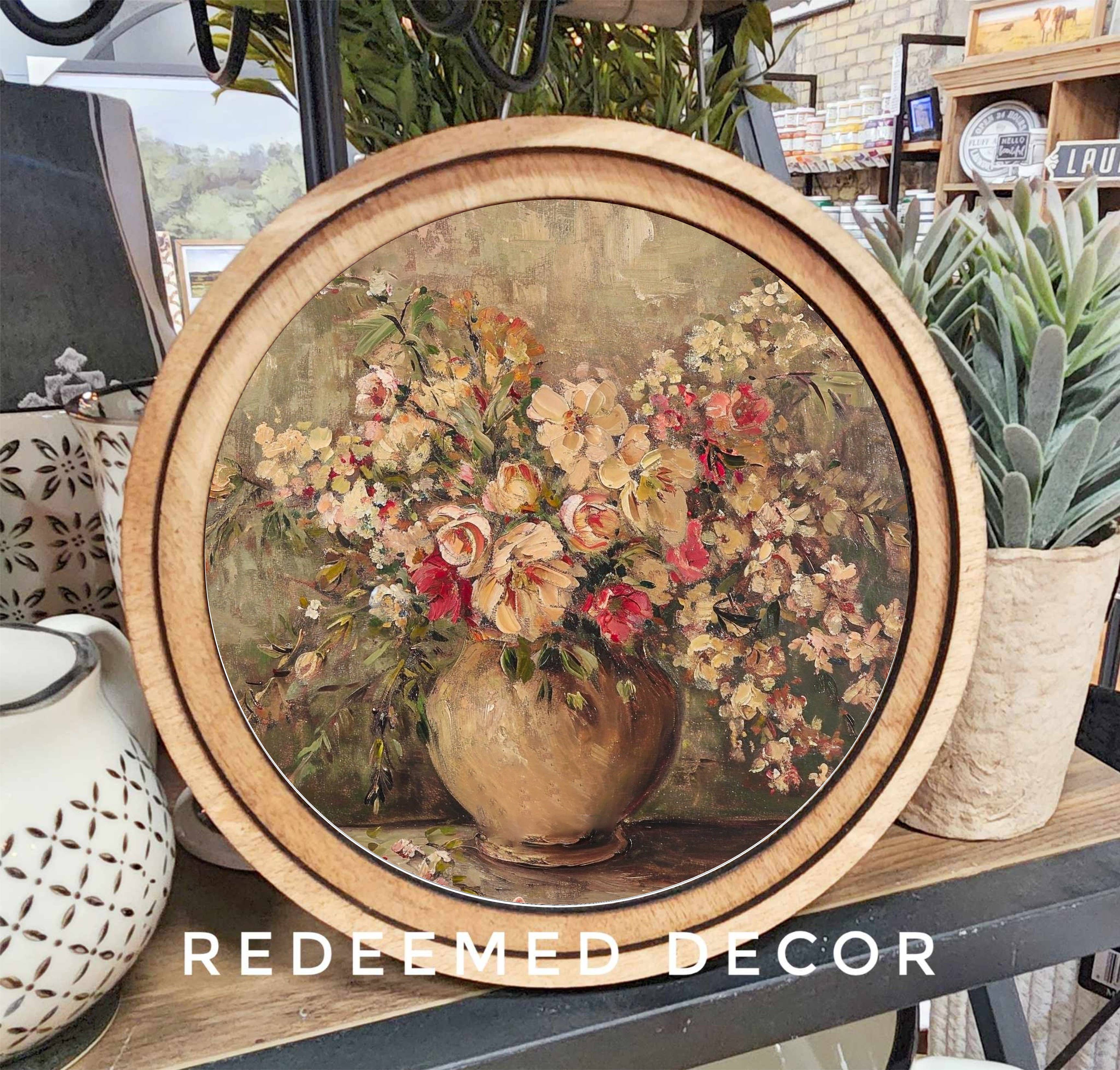 8" Round Rustic Floral Vase Art