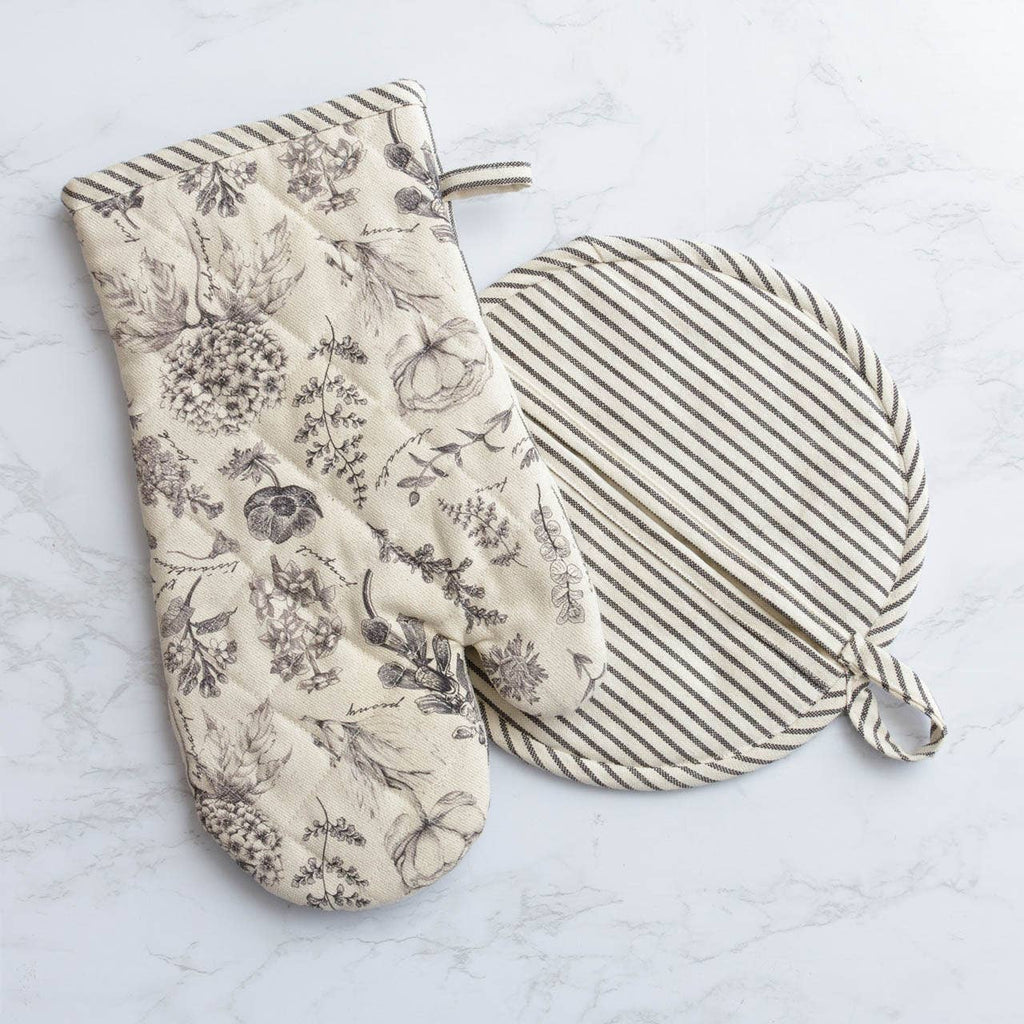 Oven Mitt And Pot Holder Set - Black And White Botanicals