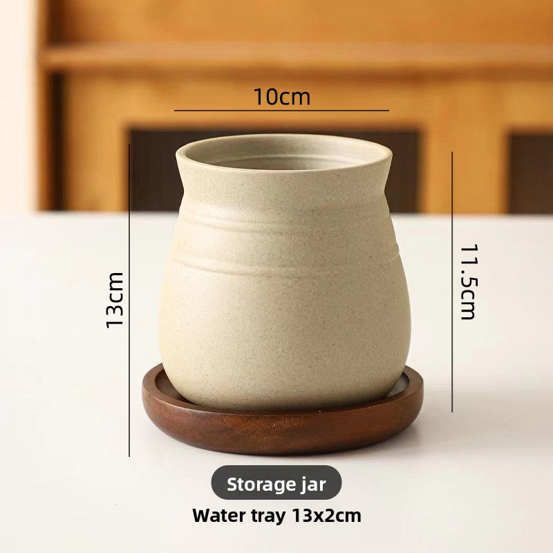 Retro Clay Utensil Holder with Wood Base