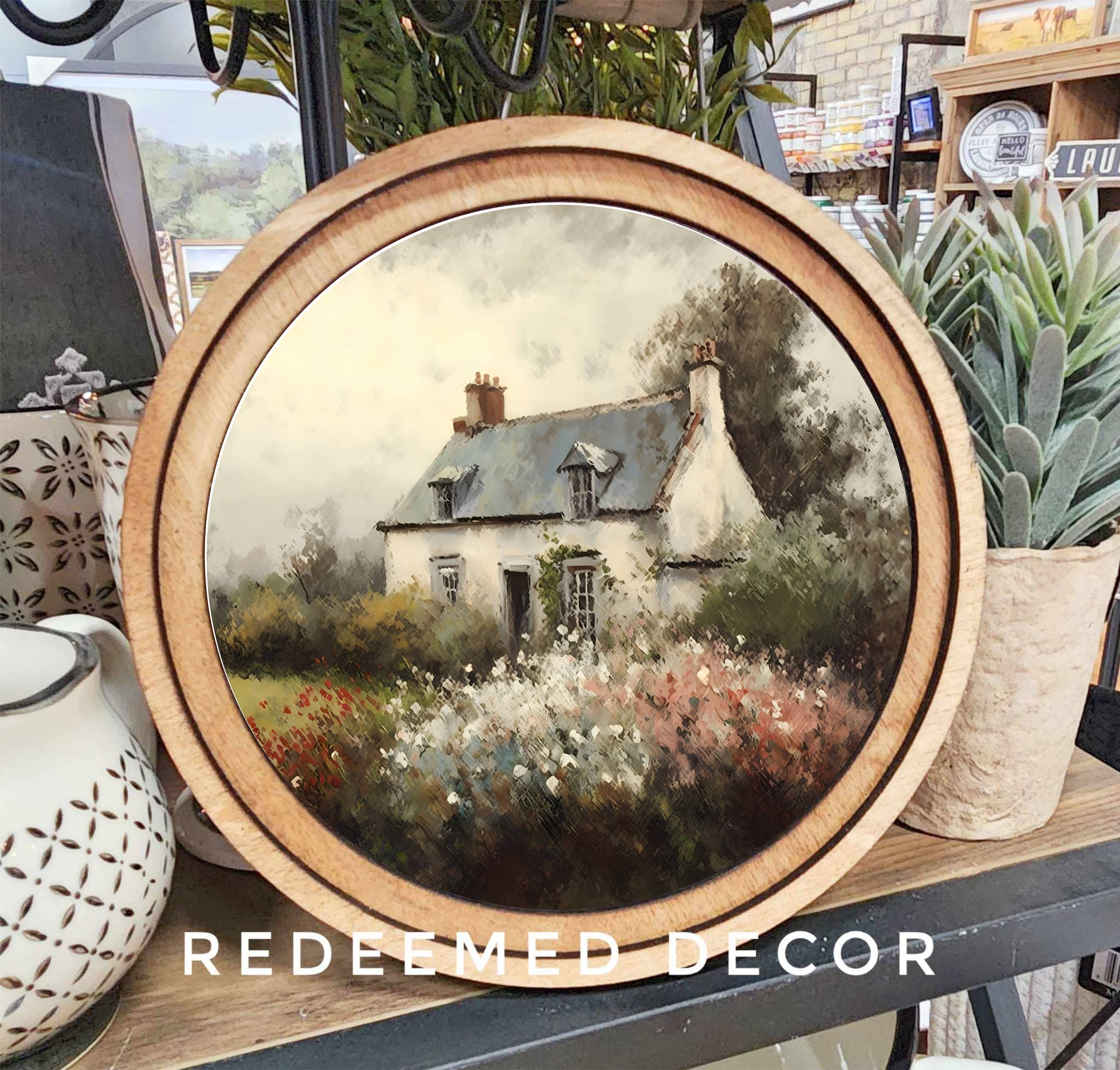 8" Round Spring Cottage Painting Art