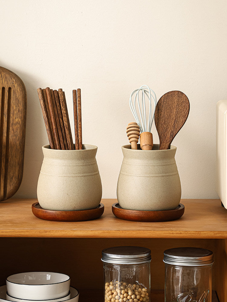 Retro Clay Utensil Holder with Wood Base