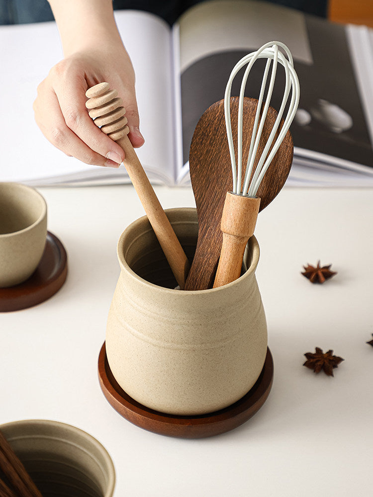Retro Clay Utensil Holder with Wood Base