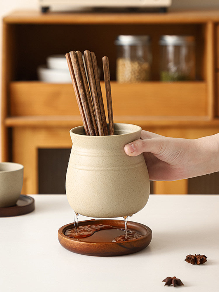 Retro Clay Utensil Holder with Wood Base