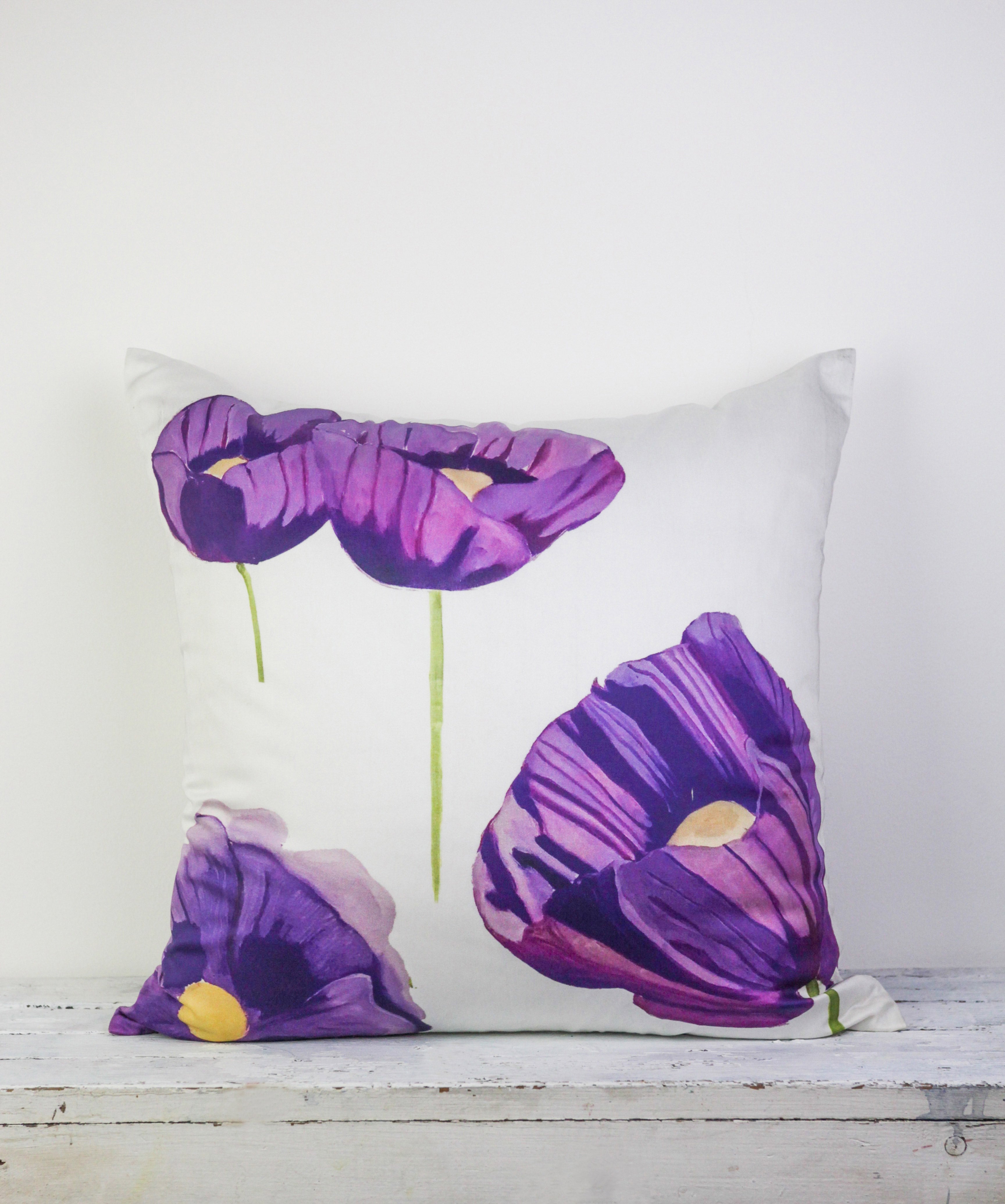 Cotton Sateen Throw Pillow: Purple Poppies on Snow