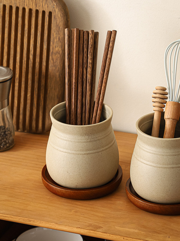 Retro Clay Utensil Holder with Wood Base