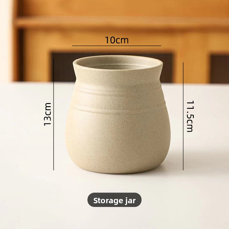 Retro Clay Utensil Holder with Wood Base