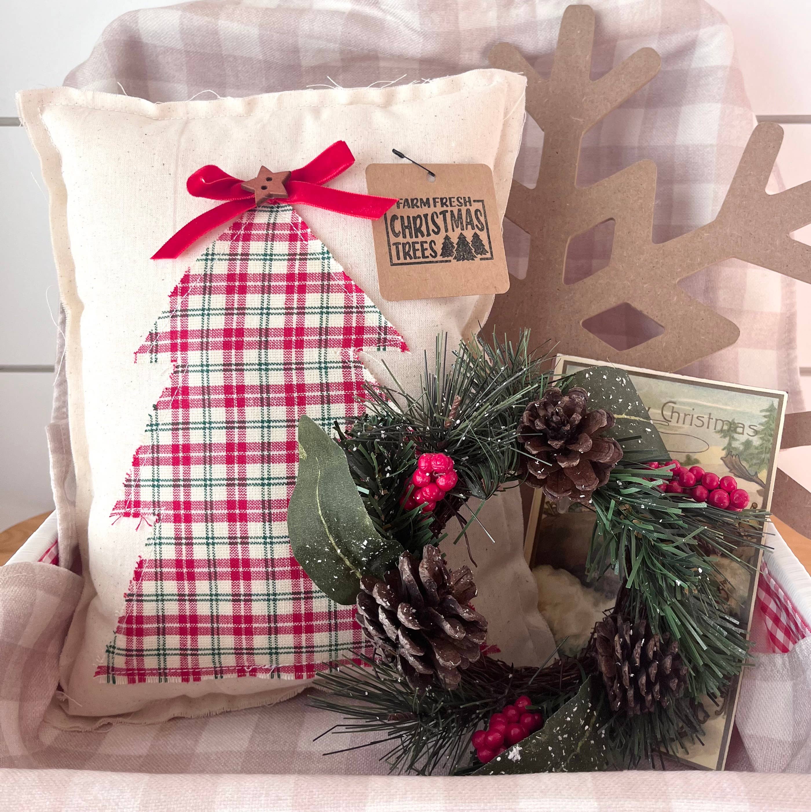 Primitive Christmas Tree Pillow | 3 Pack | Red Plaid